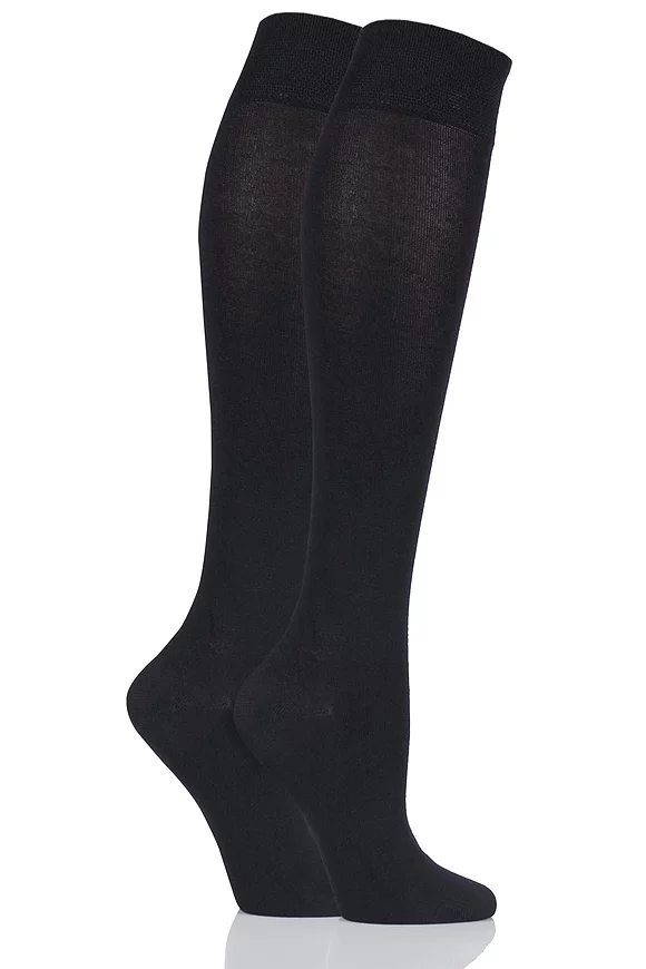 Ladies 2 Pair Sockshop Plain and Patterned Bamboo Knee High Socks with Smooth Toe Seams